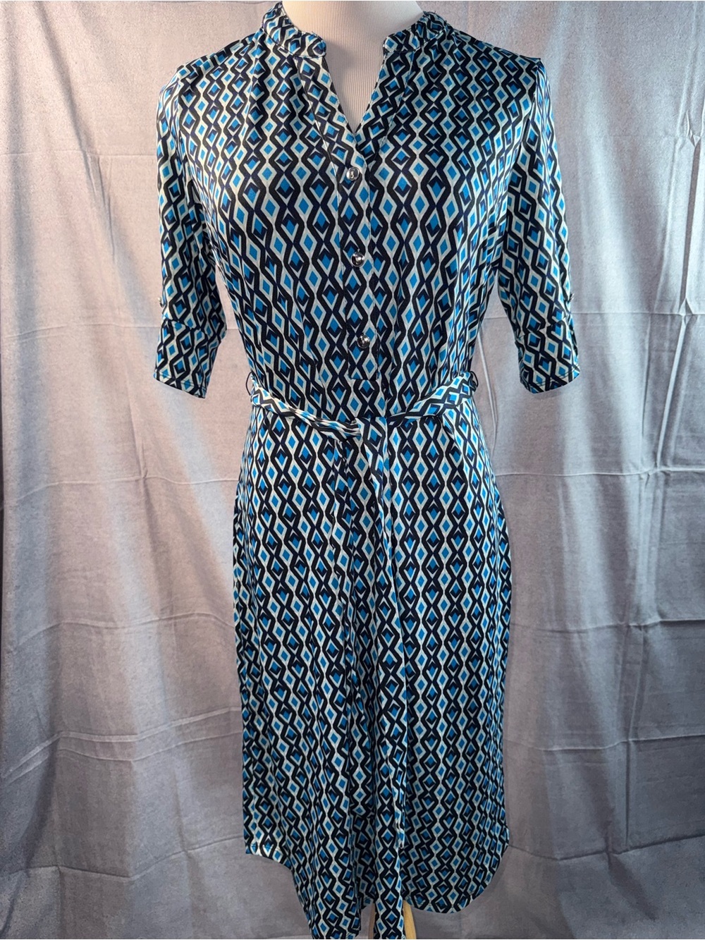 1792-Stella & Julie Blue Geometric Midi Shirt Dress with Tie Waist